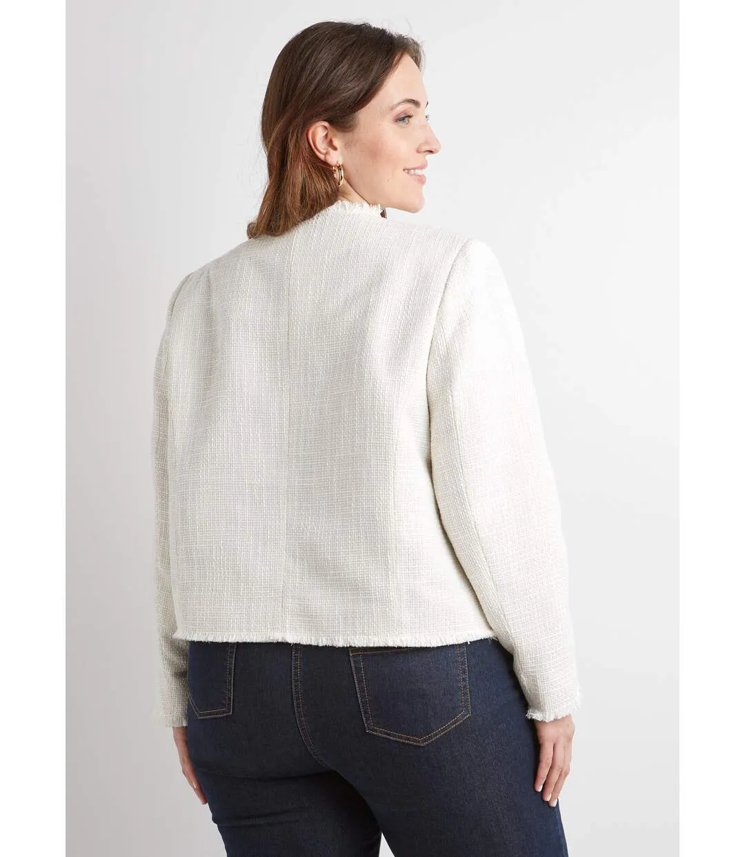 Veste sans col boutonnée courte tissu natté uni-2