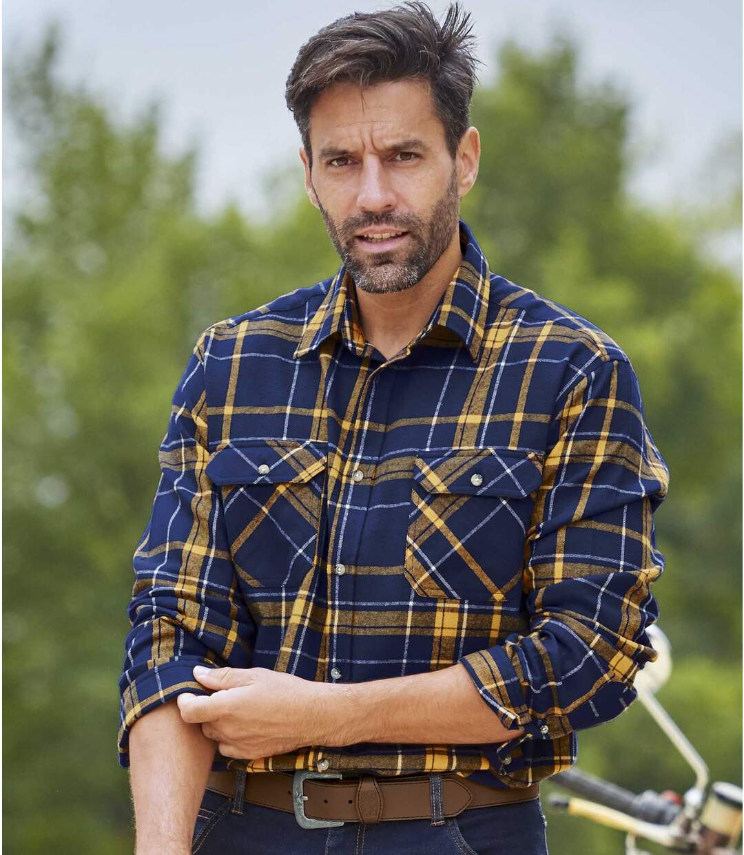 Men's Blue & Ocher Checked Flannel Shirt Atlas For Men