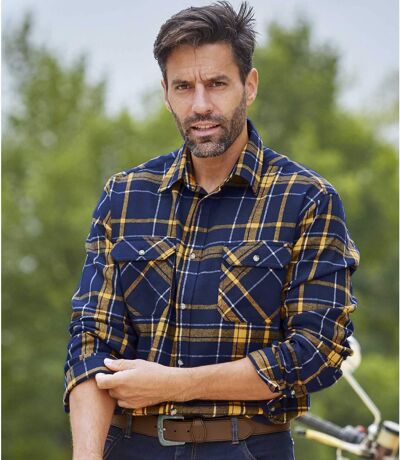 Men's Blue & Ochre Checked Flannel Shirt