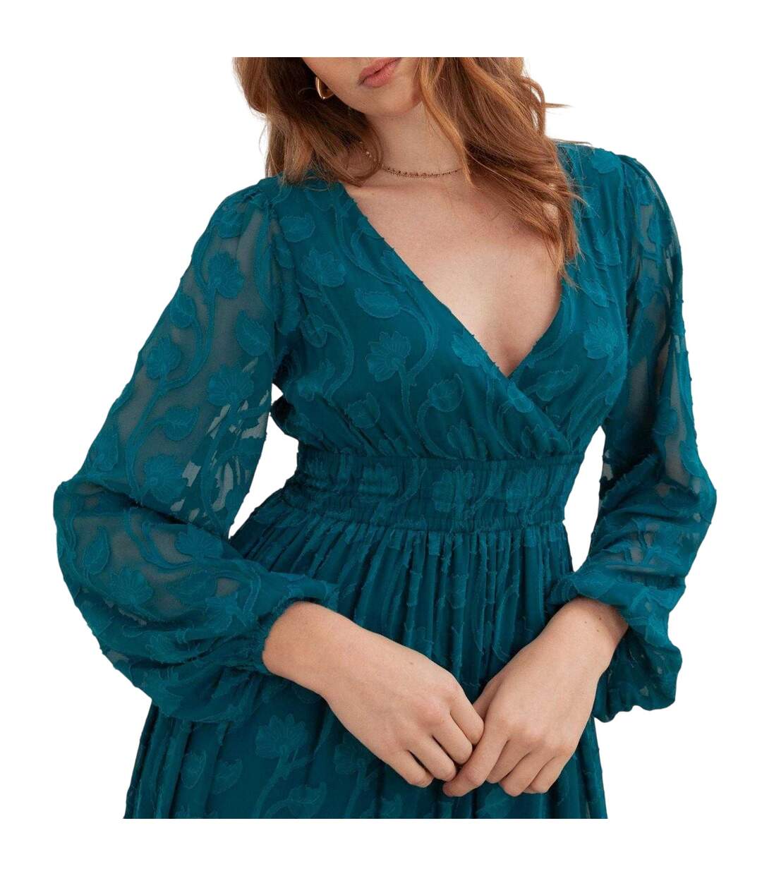 Robe Longue Manches Longues Motif/style Floral En Relief Femme Vert Sarcelle Lovedrobe-4
