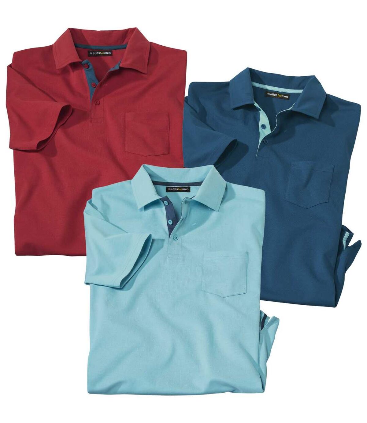 Pack of 3 Men's Jersey Polo Shirts - Turquoise Red Blue Atlas For Men