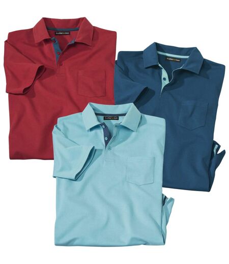 Pack of 3 Men's Jersey Polo Shirts - Turquoise Red Blue