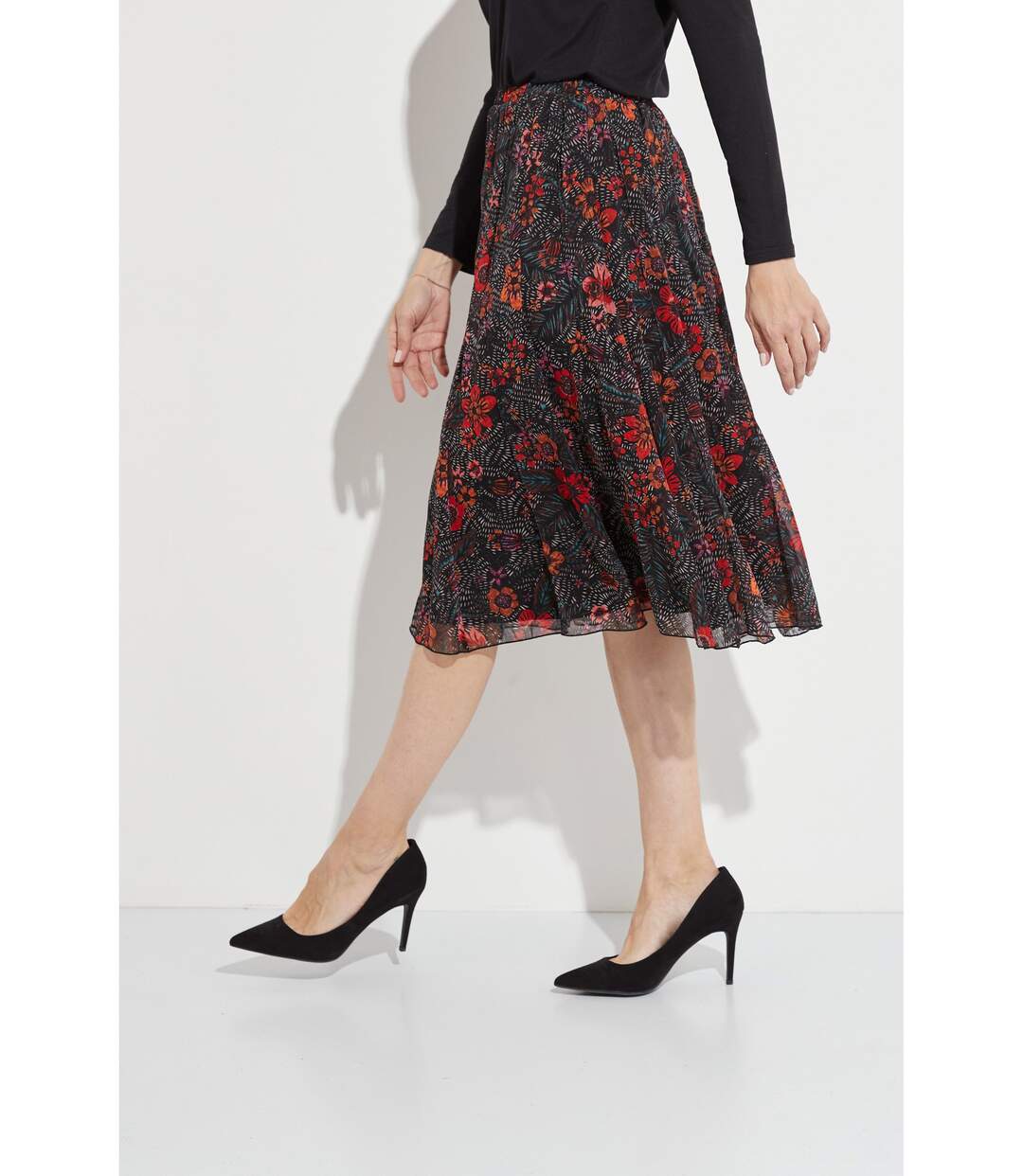 Jupe longue évasée en voile fleuri-3