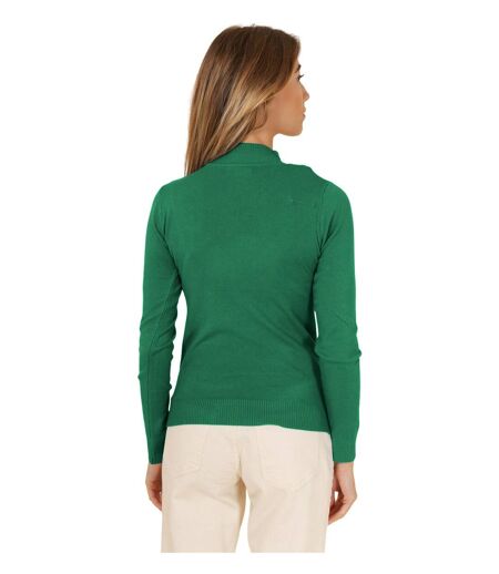 Pull femme de couleur vert col montant manches longues.