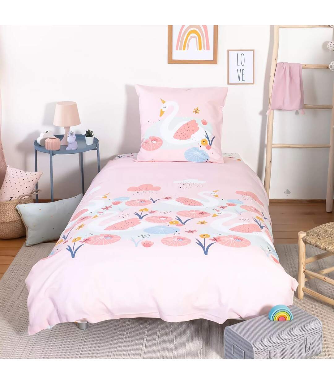 Parure de lit enfant Cygne - Coton 57 fils/cm² - 140 x 200 cm - Rose-2