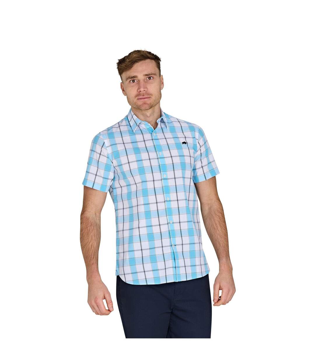 Mens multi check short-sleeved shirt mid blue Raging Bull-1