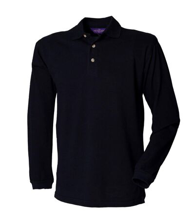 Henbury Mens Classic Plain Long Sleeve Cotton Polo Shirt (Navy)