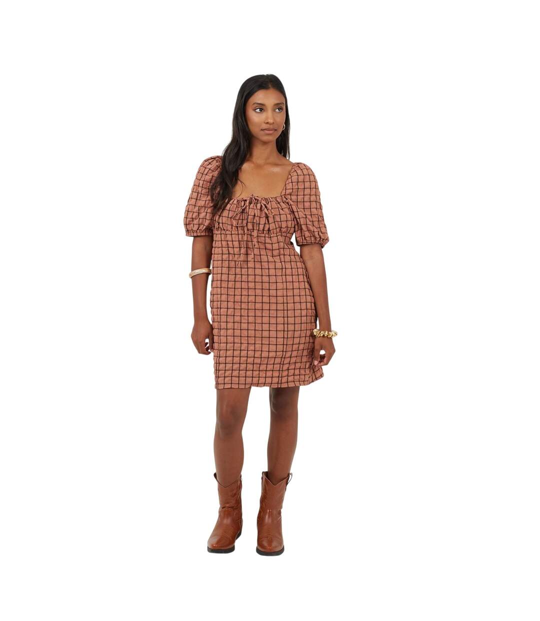 Robe Courte Manches Bouffantes Motif/style À Carreaux Femme Rouge Pastel Noir Brave Soul-4
