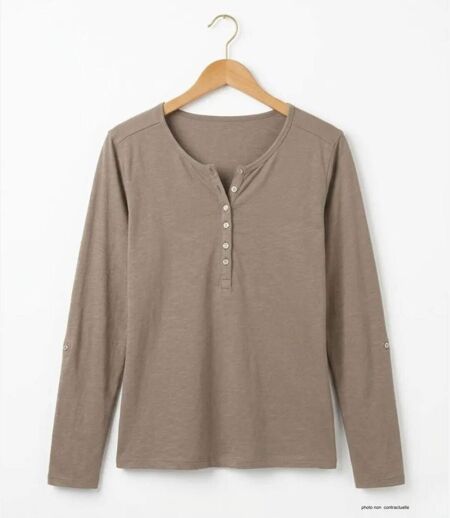 MAYFLOWER NINON3 : Tee-shirt manches longues taupe en coton flammé avec patte boutonnée
