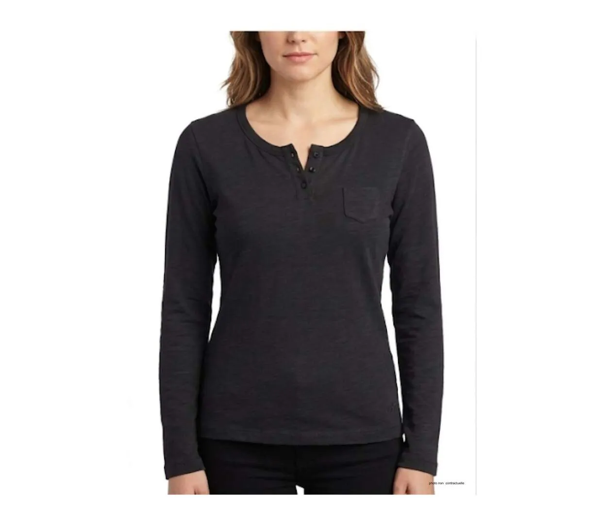 AXONE CHINA1N - Tee-shirt noir manches longues en coton flammé avec col 3 boutons et poche poitrine-1