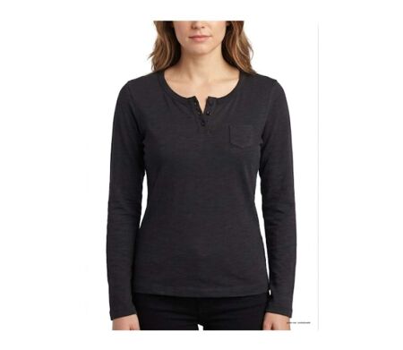AXONE CHINA1N - Tee-shirt noir manches longues en coton flammé avec col 3 boutons et poche poitrine