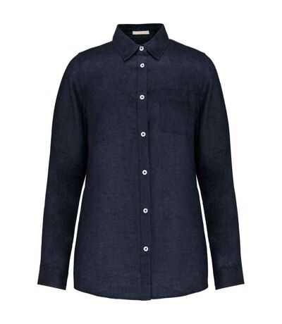 Womens/ladies Linen Long-sleeved Shirt Navy Spasso