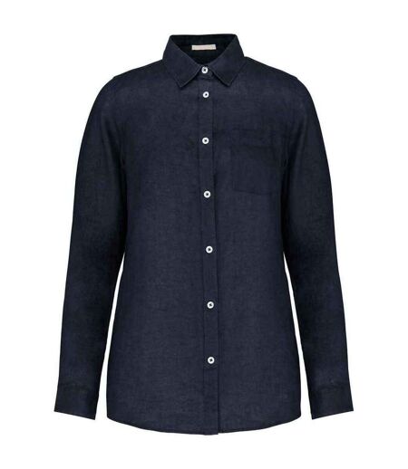 Womens/ladies Linen Long-sleeved Shirt Navy Spasso
