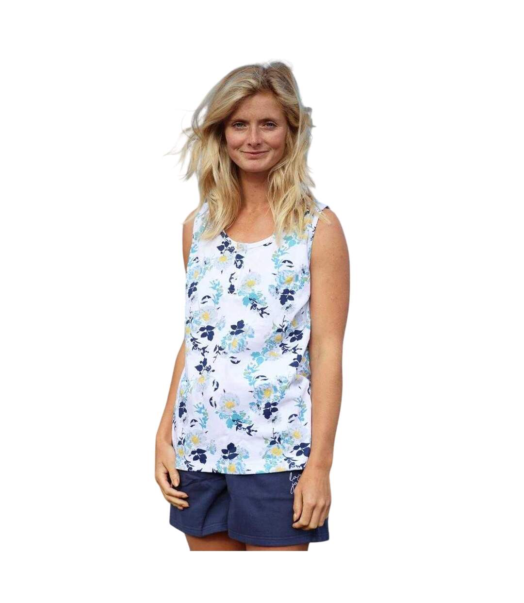 Womens/ladies Fleur Printed Vest Top Blue White Yellow Lazy Jacks-1