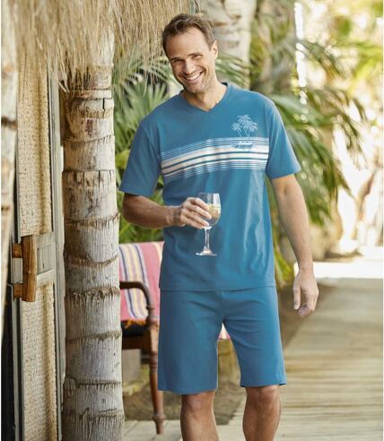 Men's Palm Print Pyjama Short Set - Blue