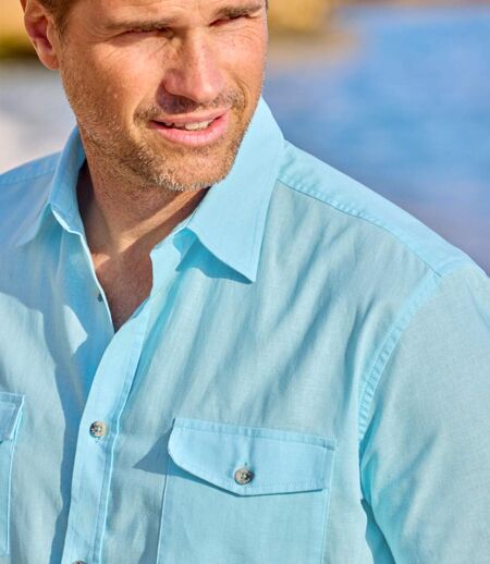 Men's Turquoise Cotton and Linen Shirt