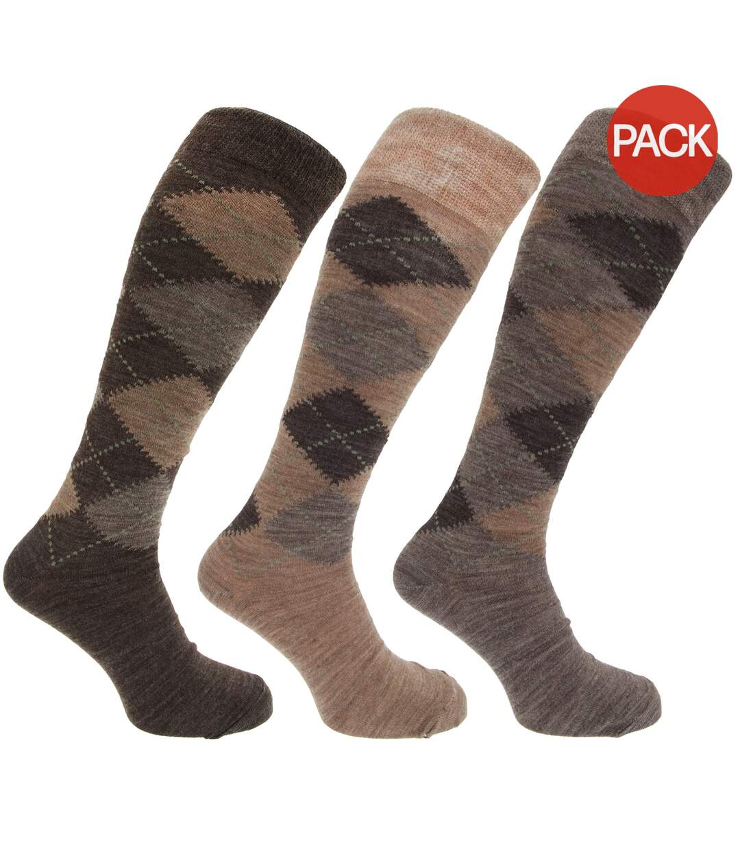 Lot de 3 Chaussettes hautes en mélange de laine paires homme tons marron Universal Textiles