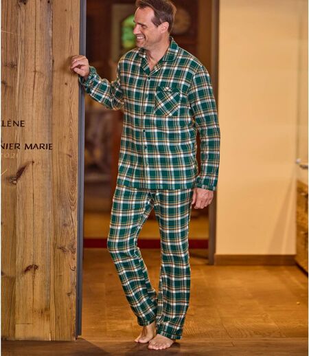 Men's Checked Flannel Pyjamas - Green White Ochre