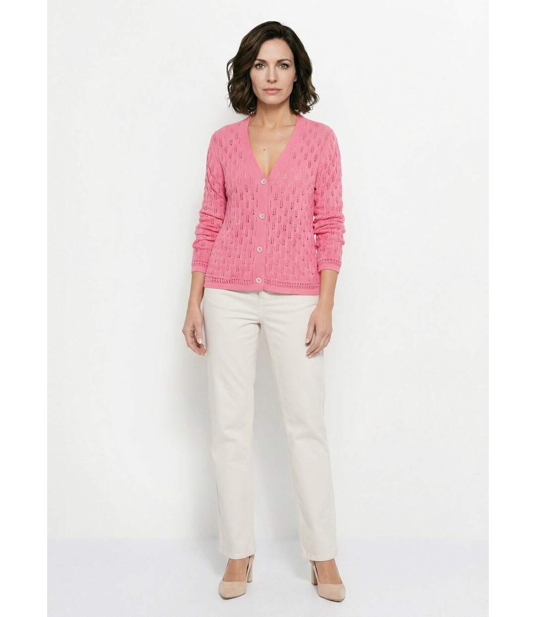 Cardigan col V boutonné ajouré uni coton-3