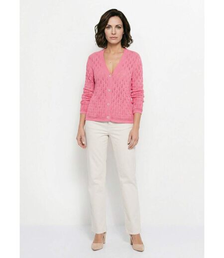Cardigan col V boutonné ajouré uni coton
