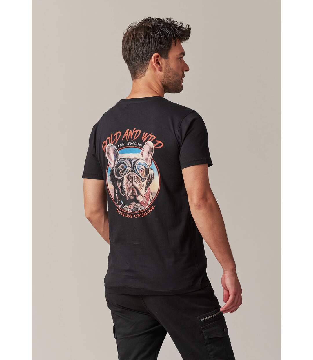 tshirt col rond avec lettrage imprimé sur la poitrine et tête de bulldog aviateur dans le dos BULLDOG-5