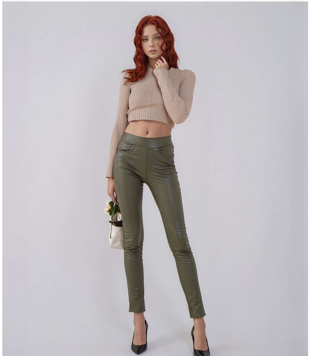 Legging femme avec poches - Couleur kaki - Simili cuir - Taille haute - Looks décontractés-4