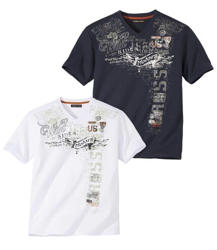 Pack of 2 Men's Rider Print T-Shirts - White Navy