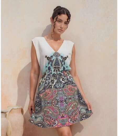 Robe d'été sans manches à  imprimé floral - Col V et ceinture assortie