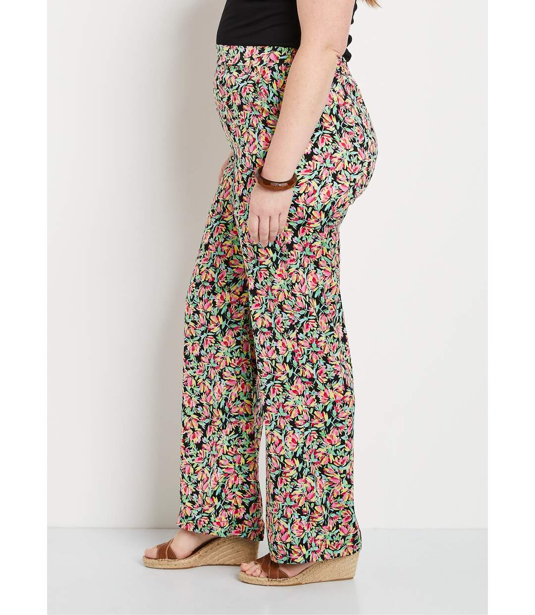 Pantalon taille semi-élastiquée satin fleuri-3