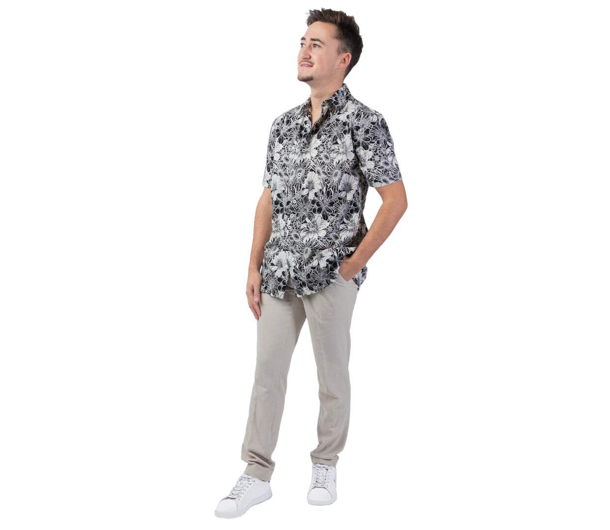Chemise homme été casual LORENZO motif fleuri noir Coton Du Monde-1