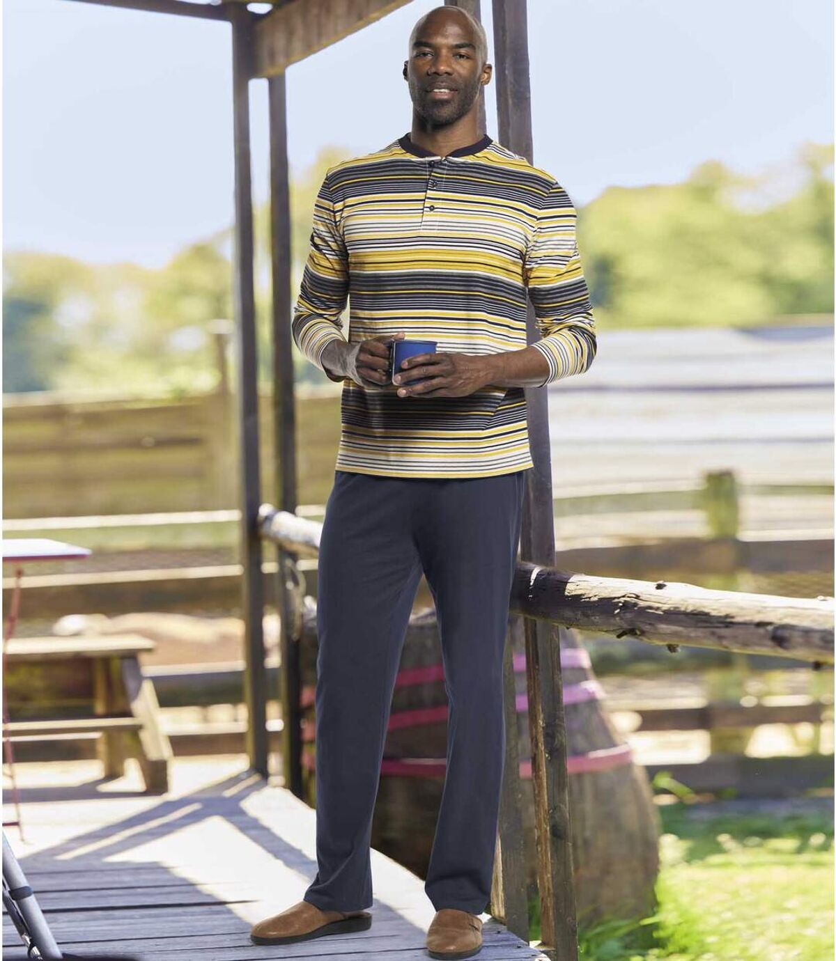 Men's Striped Cotton Pajamas - Navy Yellow Gray Atlas For Men