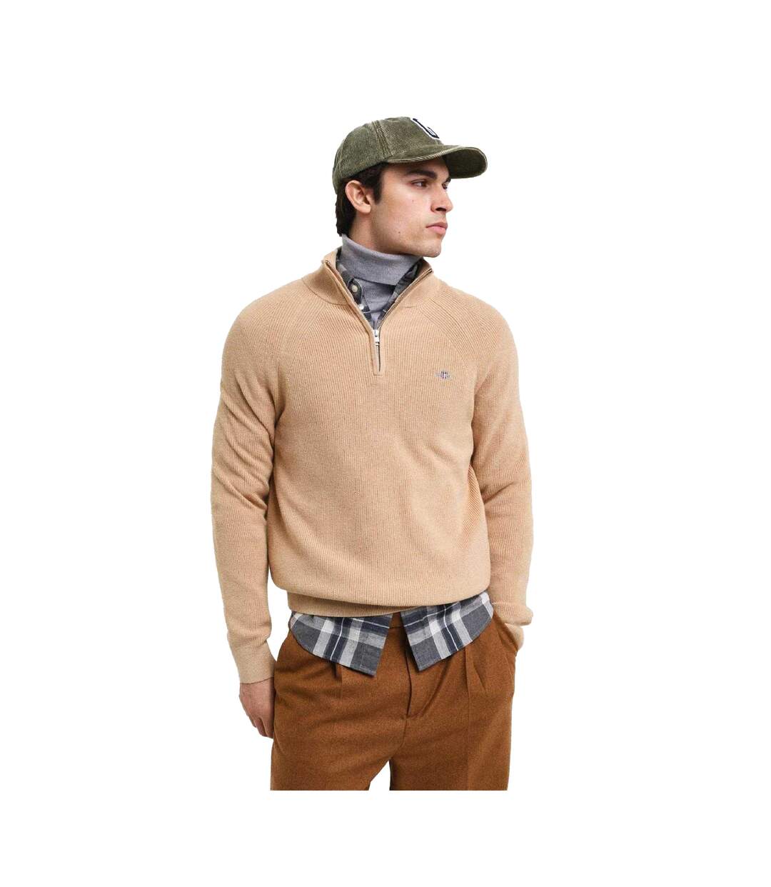 Mens Wool Blend Half Zip Fleece Top Khaki Gant-1