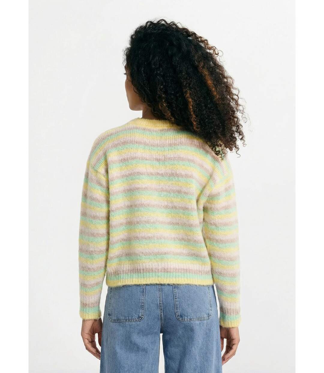 Pull duveteux col rond, rayures pastel-2