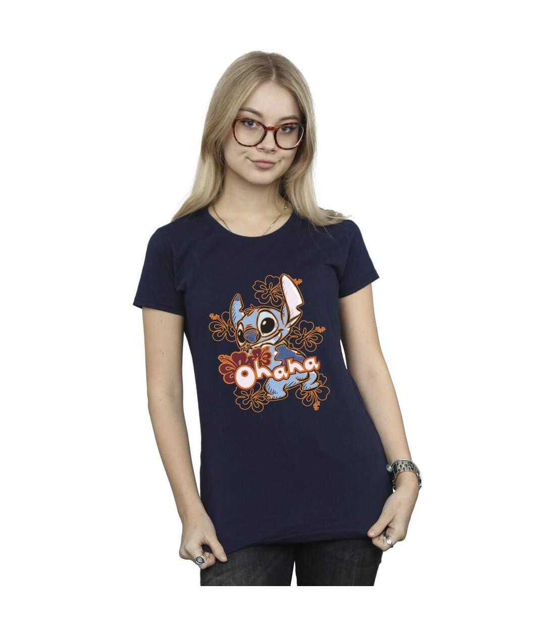 Disney Femmes/Les femmes Lilo And Stitch Ohana Orange Hibiscus Cotton T-Shirt (Bleu marine) - UTBI25821-2