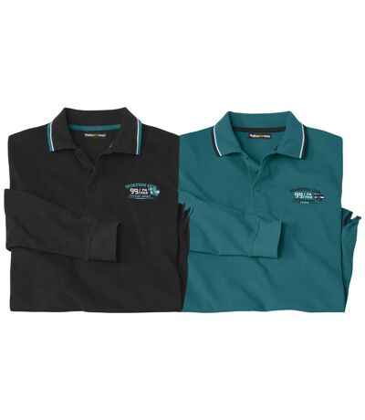 Pack of 2 Men's Piqué Polo Shirts - Black Emerald Green