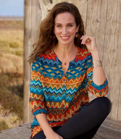 Women's Patterned Crepe Blouse - Multicolored 