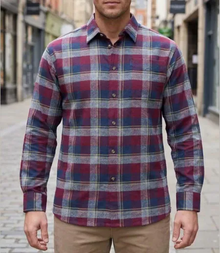 CHALLENGER TARIC2 — Chemise à carreaux manches longues bordeaux et bleu : confort thermique en flanelle