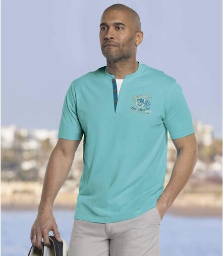 Pack of 2 Men's Button-Neck T-Shirts - Ecru Turquoise
