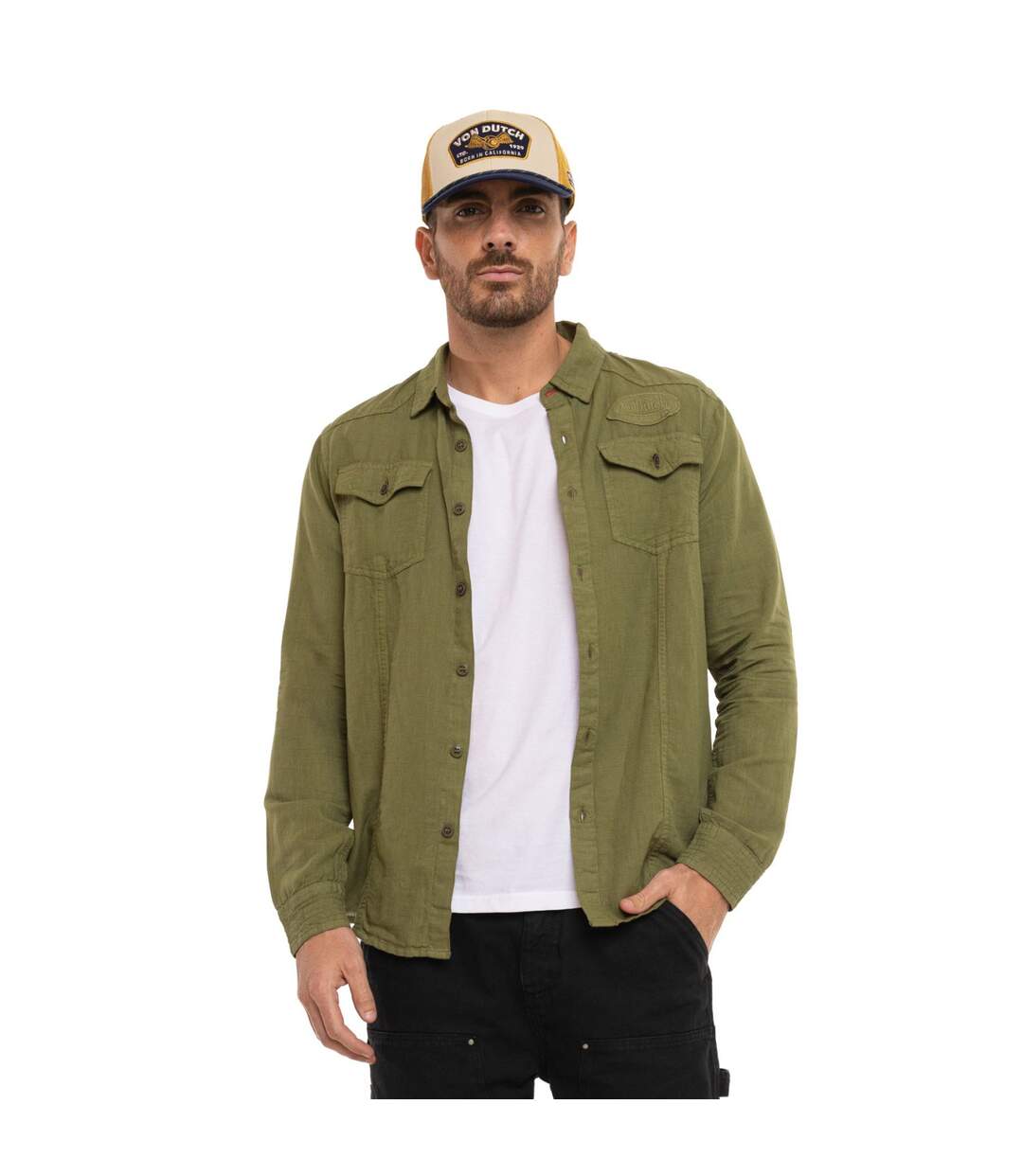 Chemise homme manches longues en coton et lin broderie dos Lino Vondutch-1
