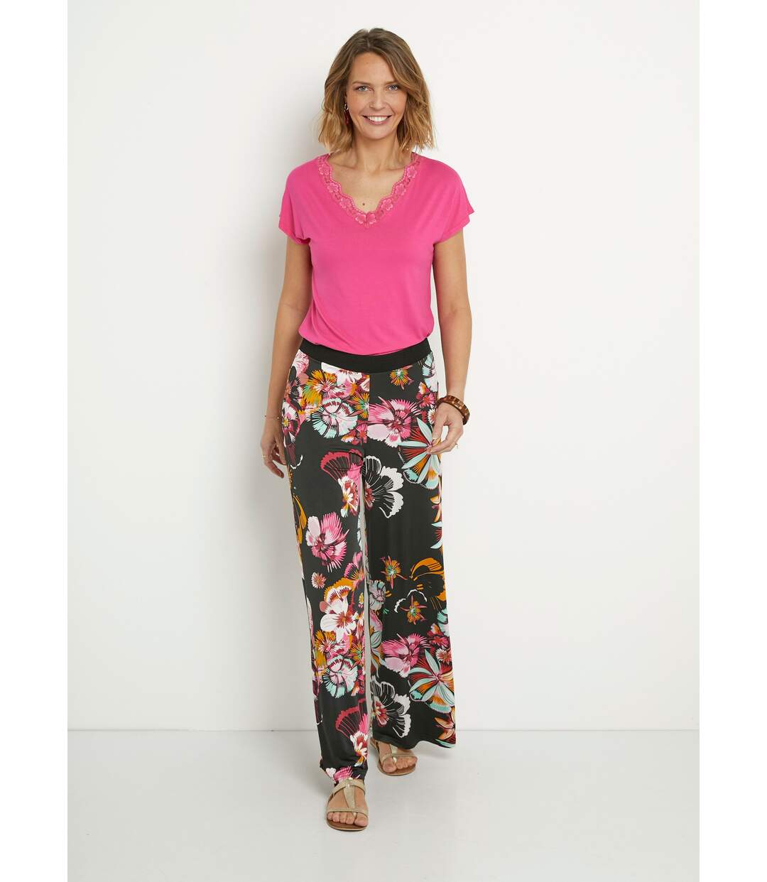 Pantalon large en stretch imprimé fleuri-4