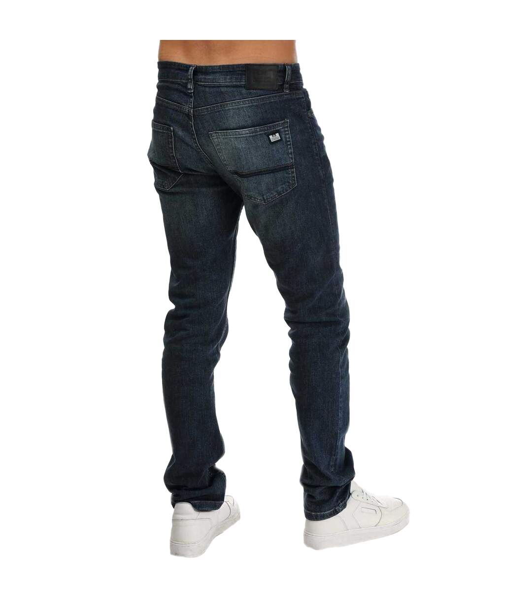 Mens Leather Patch Tapered Jeans Blue Weekend Offender-3