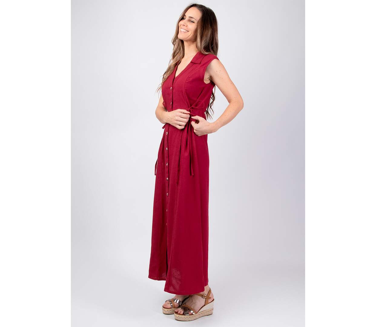 Robe longue sans manches PAULINE unie framboise Coton Du Monde-3