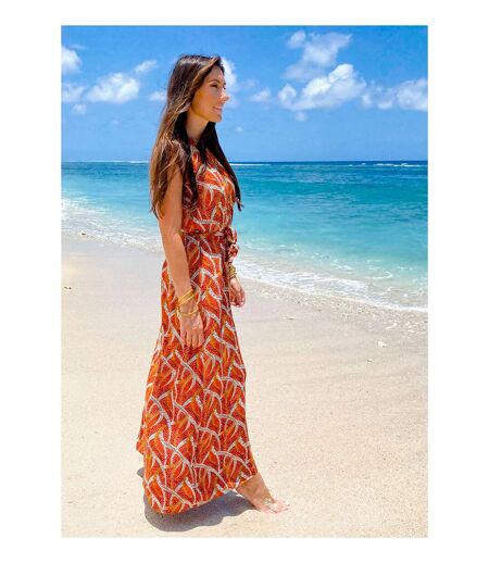 Robe longue col licou FRIDA imprimé ethnique orange Coton Du Monde