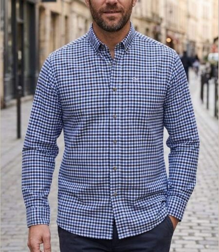 CHALLENGER CH2022 — Chemise à carreaux manches longues bleue : chaleur en Coton gratté et coupe confort