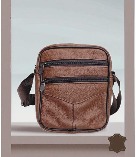 Sacoche bandoulière homme en cuir de vachette - Marron, multi poches et sangle réglable