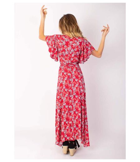 Robe longue SAKURA bohème imprimé fleuri rouge Coton Du Monde