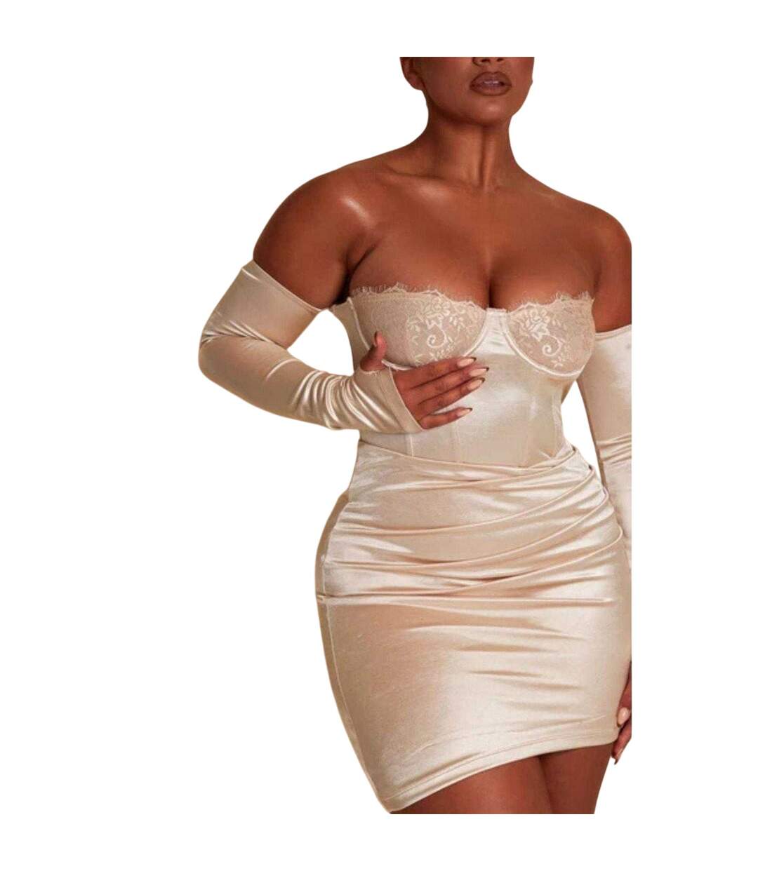 Robe Moulante Métallisée Extra-slim Manches Longues Femme Crème Mars The Label-4