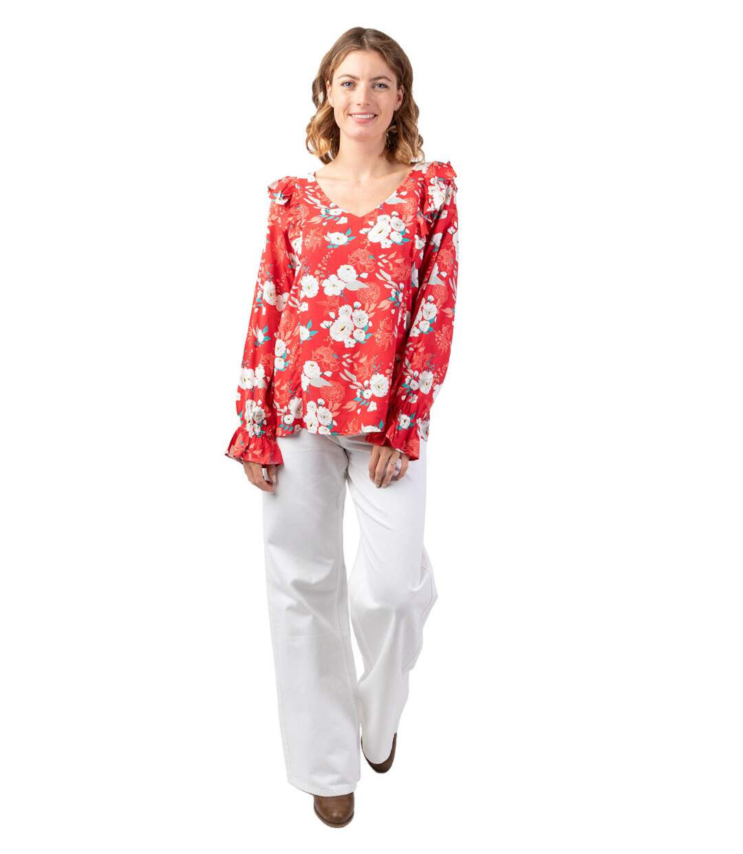 Top manches longues en viscose CASSIOPEE motif fleuri lumineux rouge Coton Du Monde