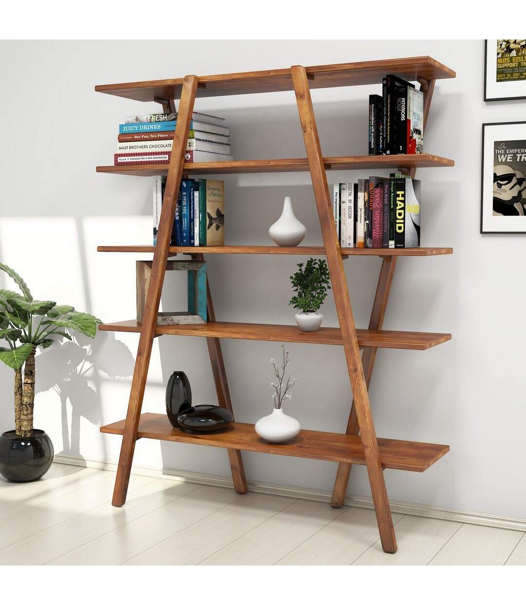 Bibliothèque design bois Perla - L. 120 x H. 148 cm - Marron noix-2