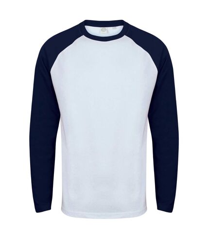 Skinnifit Mens Raglan Long Sleeve Baseball T-Shirt (White/Oxford Navy)